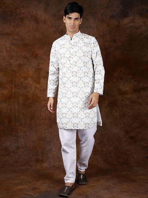 exotic india Printed Multi-Colored Kurta Pajama Set with Embroidery in Self-Colored Thread 