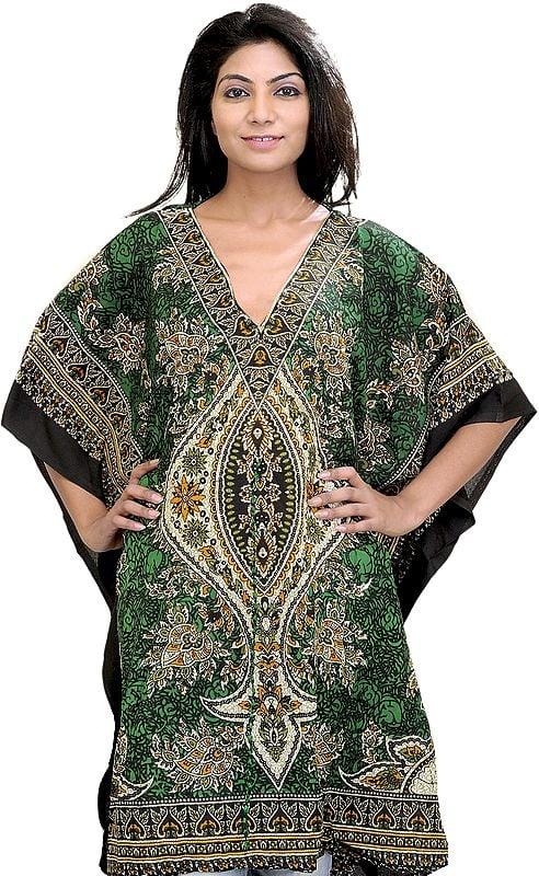 exotic india Printed Short Boho Kaftan with Dori at Waist 