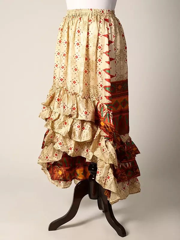 Exotic India Printed Silk A-Line Skirt With High-Low Ruffled Hem 