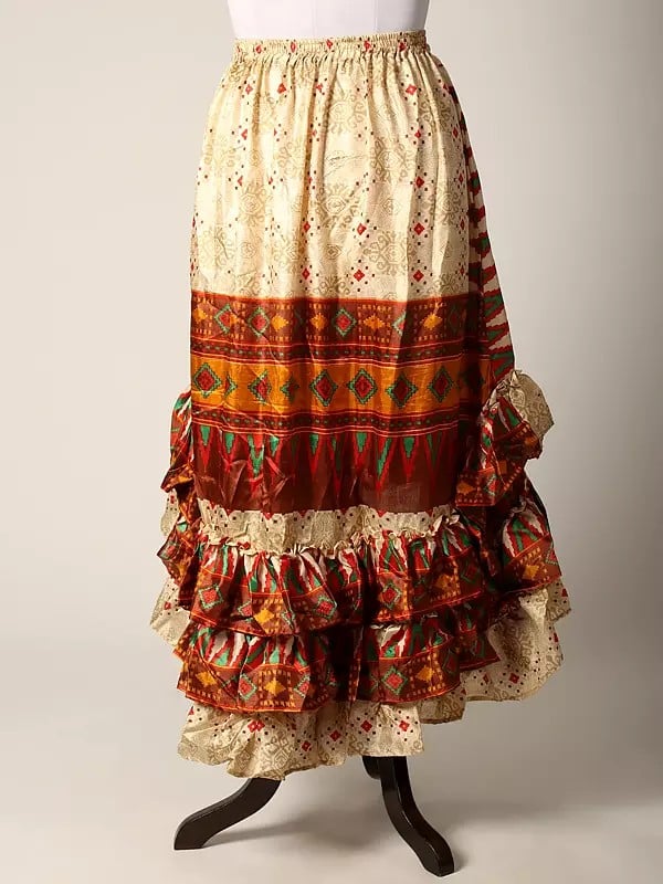Exotic India Printed Silk A-Line Skirt With High-Low Ruffled Hem 
