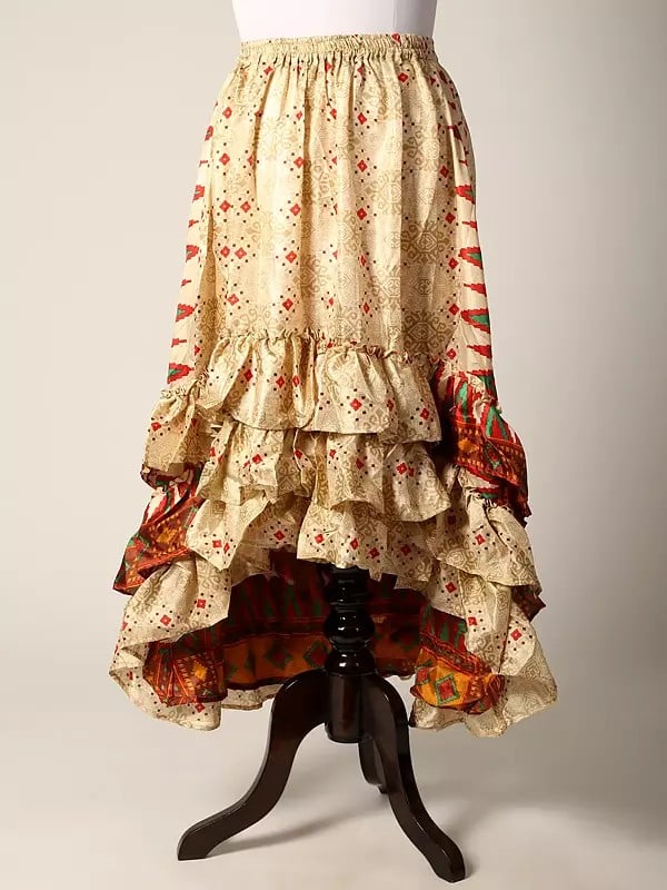 exotic india Printed Silk A-Line Skirt with High-Low Ruffled Hem 