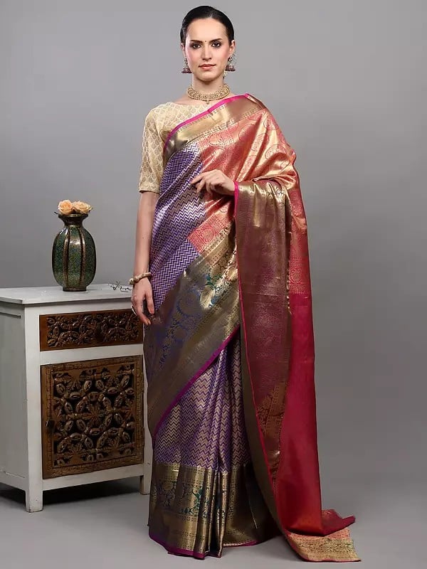 Exotic India Prism-Violet Bridal Saree From Kumbakonam With Zari Brocaded Chevron Pattern And Peacock Wide Border 