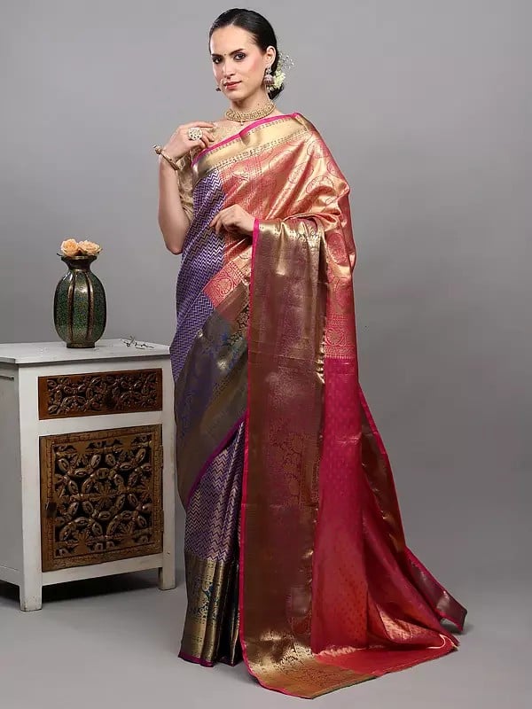 Exotic India Prism-Violet Bridal Saree From Kumbakonam With Zari Brocaded Chevron Pattern And Peacock Wide Border 