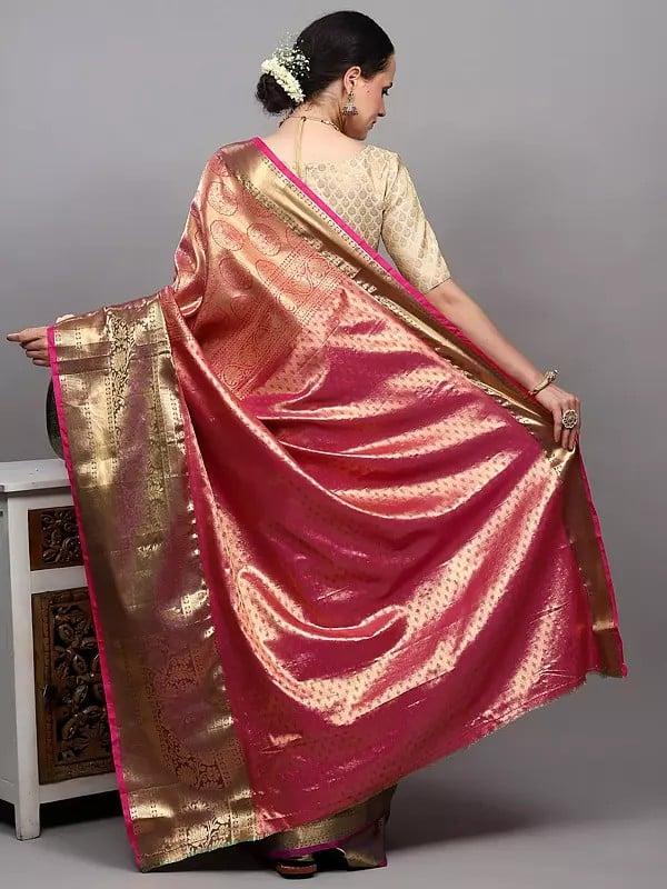 Exotic India Prism-Violet Bridal Saree From Kumbakonam With Zari Brocaded Chevron Pattern And Peacock Wide Border 