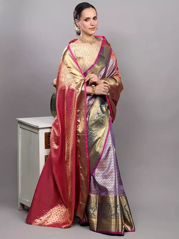 exotic india Prism-Violet Bridal Saree from Kumbakonam with Zari Brocaded Chevron Pattern and Peacock Wide Border 