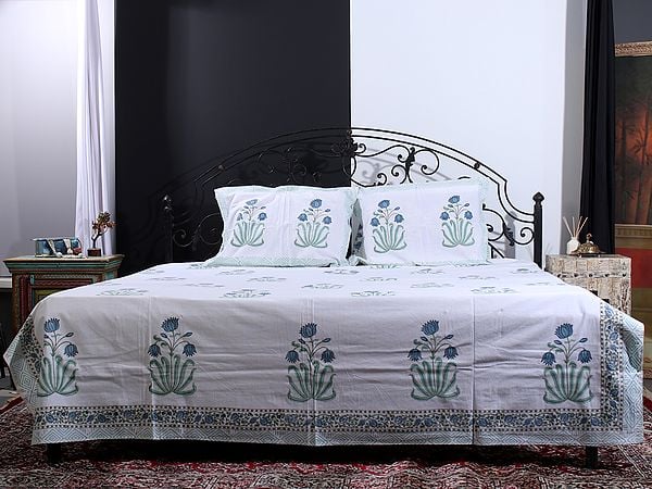 Exotic India Pristine-White Bold Mughal Floral Motif Handblock Printed Cotton Queen Size Bedsheet With Two Pillow Cover 