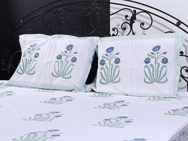 Exotic India Pristine-White Bold Mughal Floral Motif Handblock Printed Cotton Queen Size Bedsheet With Two Pillow Cover 