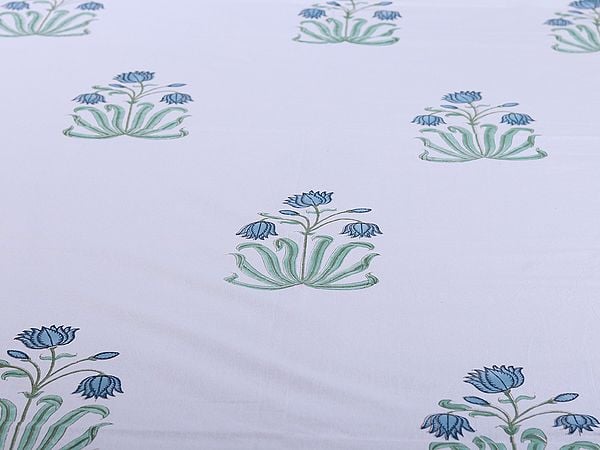 Exotic India Pristine-White Bold Mughal Floral Motif Handblock Printed Cotton Queen Size Bedsheet With Two Pillow Cover 