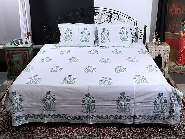 exotic india Pristine-White Bold Mughal Floral Motif Handblock Printed Cotton Queen Size Bedsheet With Two Pillow Cover