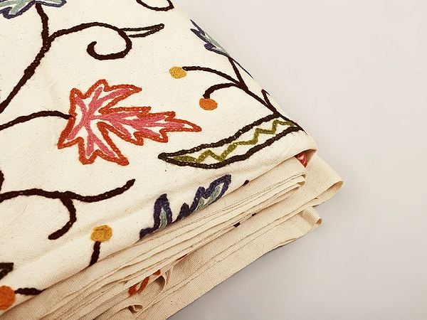 Exotic India Pristine-White Fabric From Kashmir With Aari Hand-Embroidered Maple Leaves In Multi-color Thread 