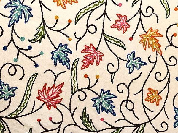 Exotic India Pristine-White Fabric From Kashmir With Aari Hand-Embroidered Maple Leaves In Multi-color Thread 
