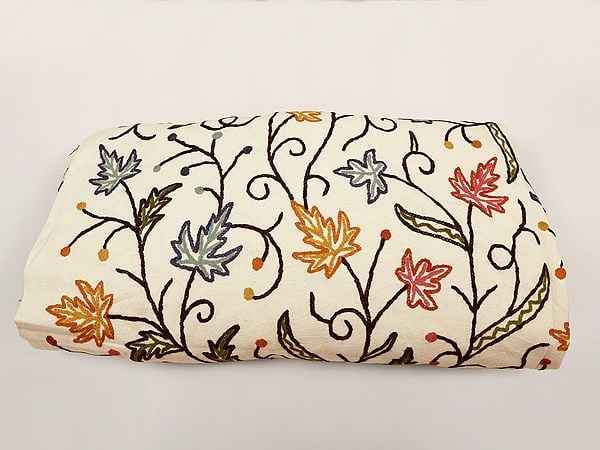 exotic india Pristine-White Fabric from Kashmir with Aari Hand-Embroidered Maple Leaves in Multi-color Thread 