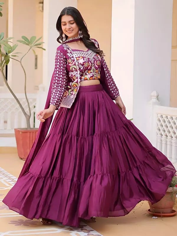 Exotic India Pure Chinon Embroidery And Sequins Work Designer Lehenga Choli With Matching Dupatta 