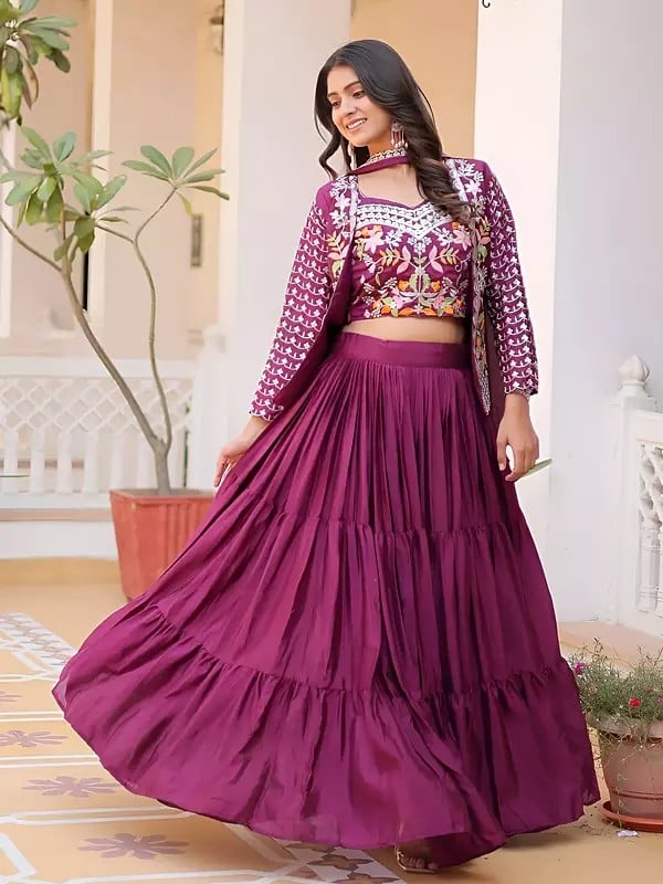Exotic India Pure Chinon Embroidery And Sequins Work Designer Lehenga Choli With Matching Dupatta 