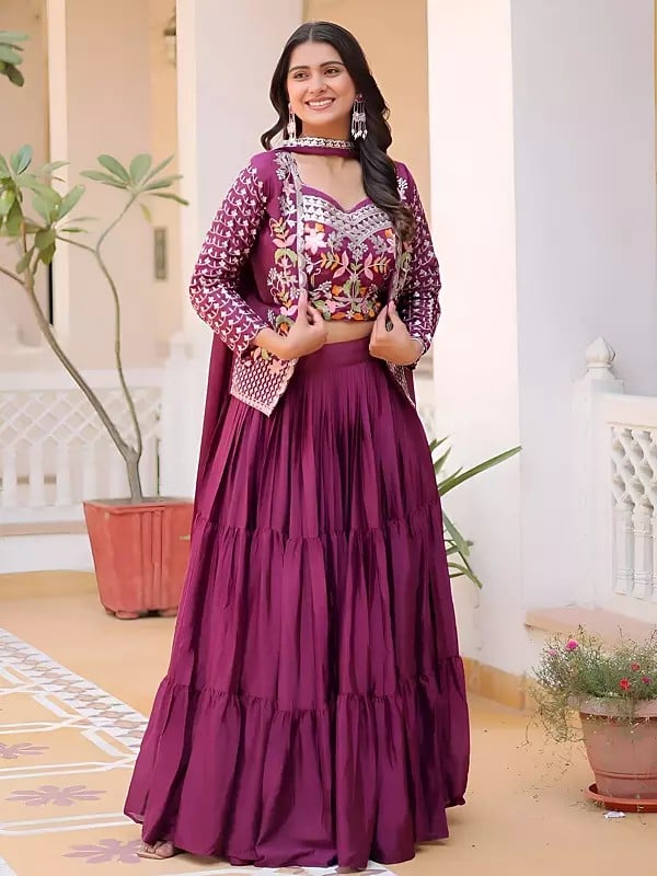 exotic india Pure Chinon Embroidery And Sequins Work Designer Lehenga Choli With Matching Dupatta 