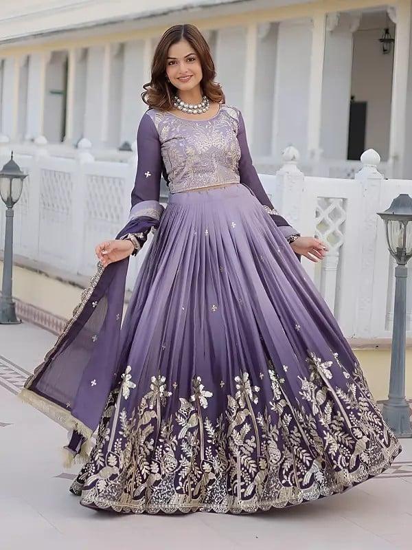 Exotic India Pure Chinon Floral Embroidery And Sequins Work Lehenga Choli With Matching Dupatta 