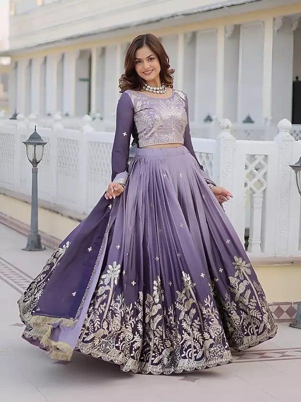 Exotic India Pure Chinon Floral Embroidery And Sequins Work Lehenga Choli With Matching Dupatta 