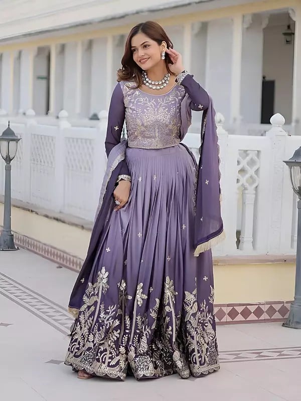exotic india Pure Chinon Floral Embroidery And Sequins Work Lehenga Choli With Matching Dupatta 
