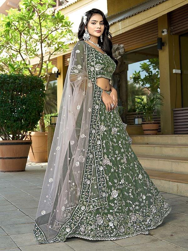 Exotic India Pure Cosmos Tissue Embroidery And Sequins Work Attractive Lehenga Choli With Premium Net Dupatta 