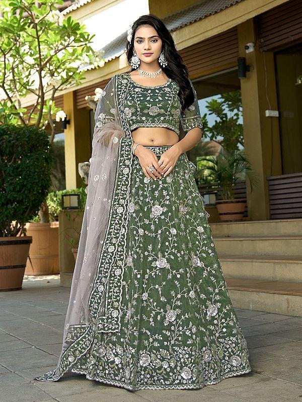 Exotic India Pure Cosmos Tissue Embroidery And Sequins Work Attractive Lehenga Choli With Premium Net Dupatta 