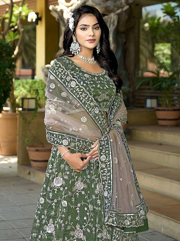 Exotic India Pure Cosmos Tissue Embroidery And Sequins Work Attractive Lehenga Choli With Premium Net Dupatta 