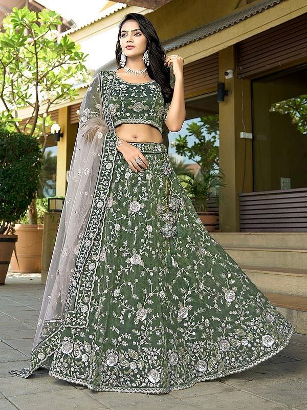 exotic india Pure Cosmos Tissue Embroidery And Sequins Work Attractive Lehenga Choli With Premium Net Dupatta 