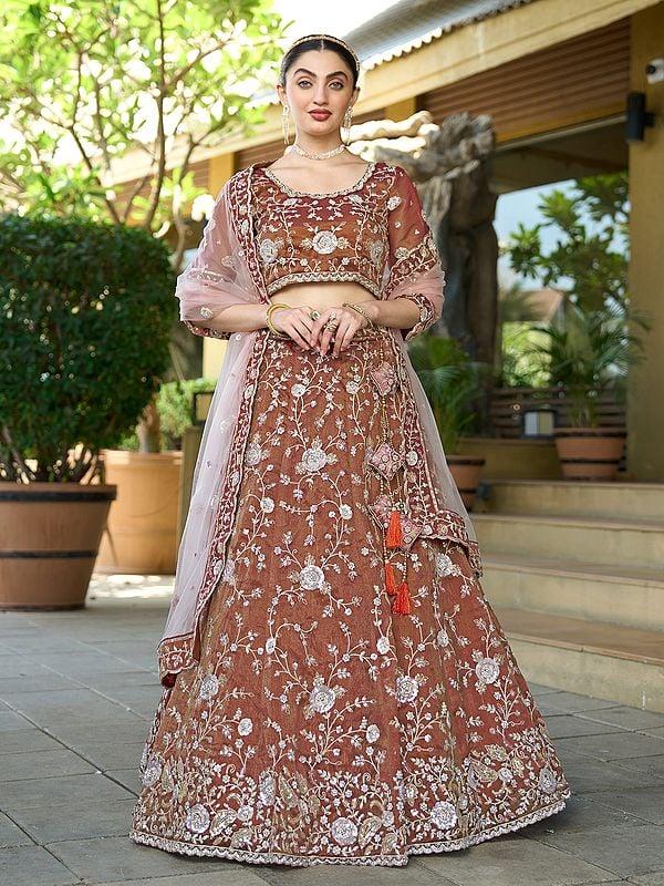 exotic india Pure Cosmos Tissue Zarkan And Sequins Work Stunning Wedding Wear Lehenga Choli 