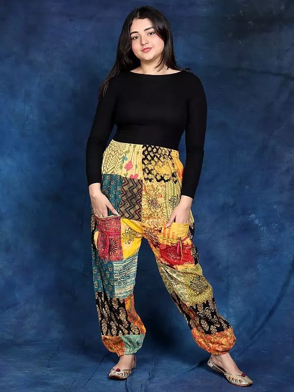 Exotic India Pure Cottom Multicolor Printed Patchwork Trouser With Elastic Waist And Bottom 