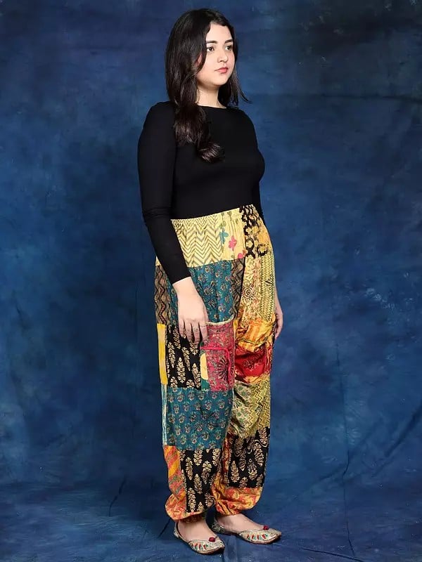 Exotic India Pure Cottom Multicolor Printed Patchwork Trouser With Elastic Waist And Bottom 