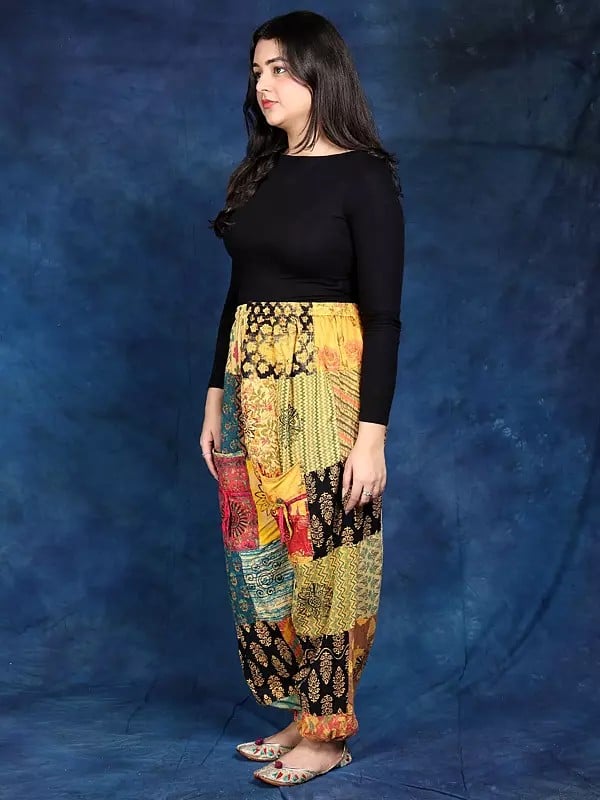 Exotic India Pure Cottom Multicolor Printed Patchwork Trouser With Elastic Waist And Bottom 