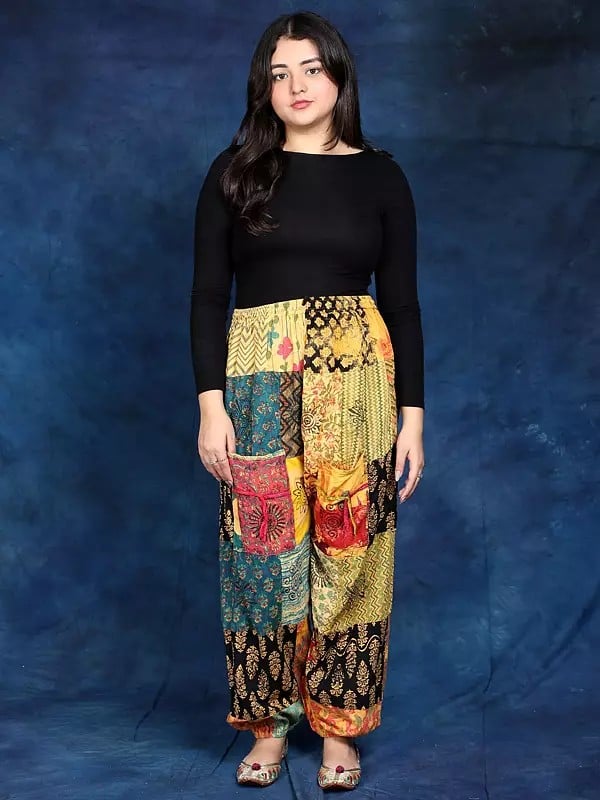exotic india Pure Cottom Multicolor Printed Patchwork Trouser with Elastic Waist and Bottom 