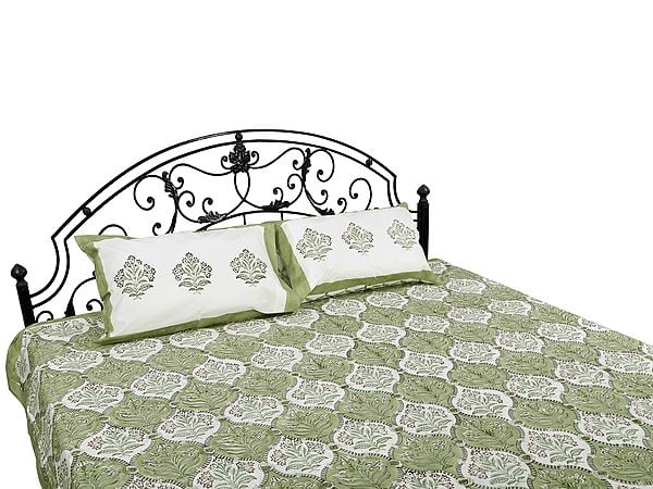 Exotic India Pure Cotton Bedspread In Pastel Green And Red With Floral Block Print From Jaipur 