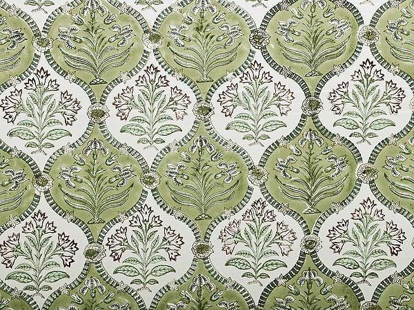 Exotic India Pure Cotton Bedspread In Pastel Green And Red With Floral Block Print From Jaipur 