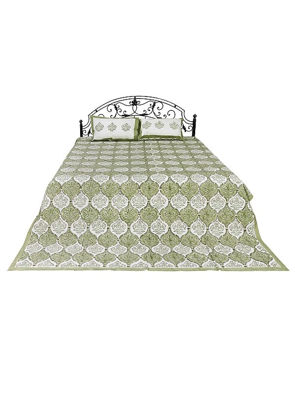 exotic india Pure Cotton Bedspread in Pastel Green and Red with Floral Block Print from Jaipur 