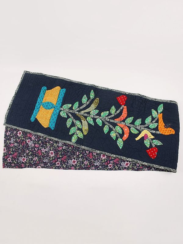 exotic india Pure Cotton Dining Table Patchwork Runner from Dehradun with Birds on Tree of Life 