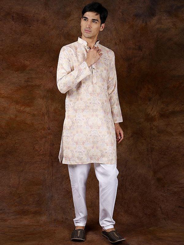 Exotic India Pure Cotton Floral Printed Casual Kurta Pajama Set 
