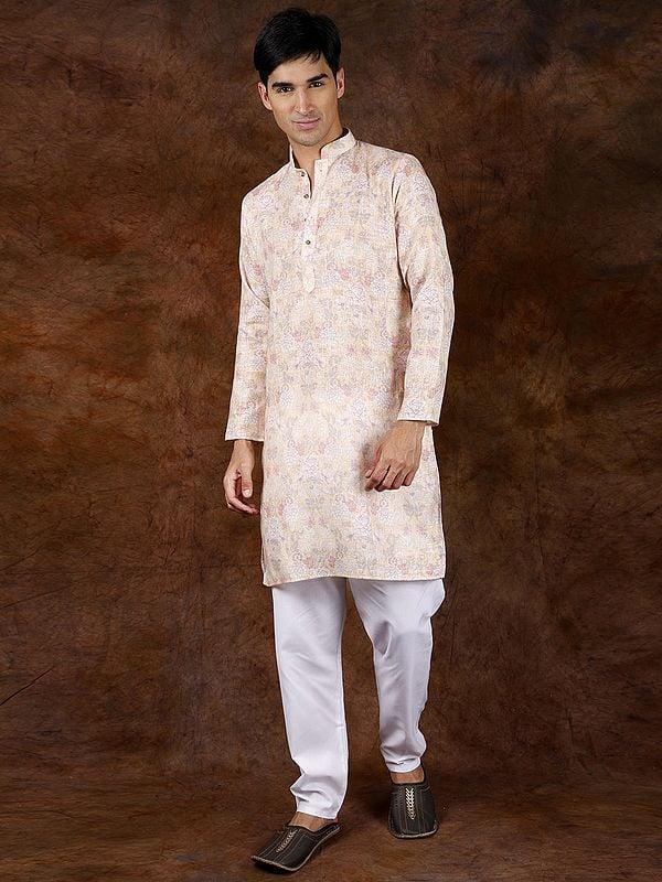 Exotic India Pure Cotton Floral Printed Casual Kurta Pajama Set 