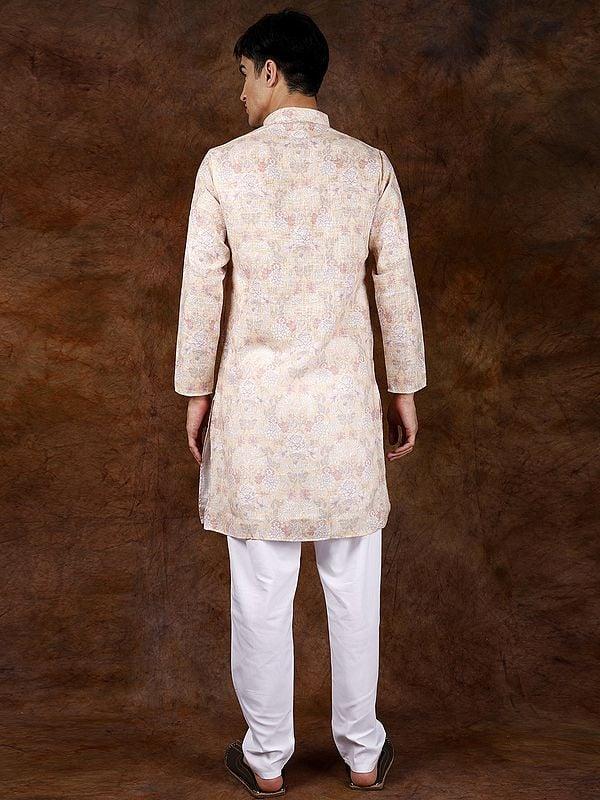 Exotic India Pure Cotton Floral Printed Casual Kurta Pajama Set 