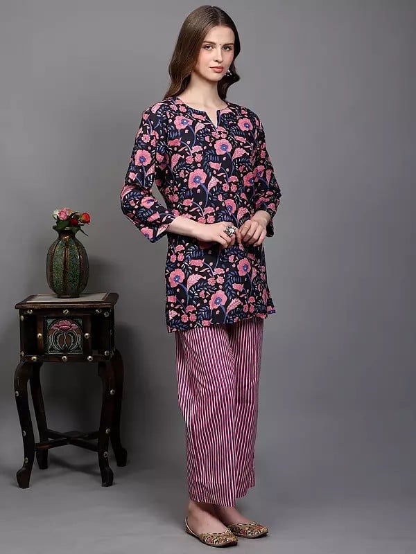 Exotic India Pure Cotton Floral Printed Co-Ord Set For Evening Wear