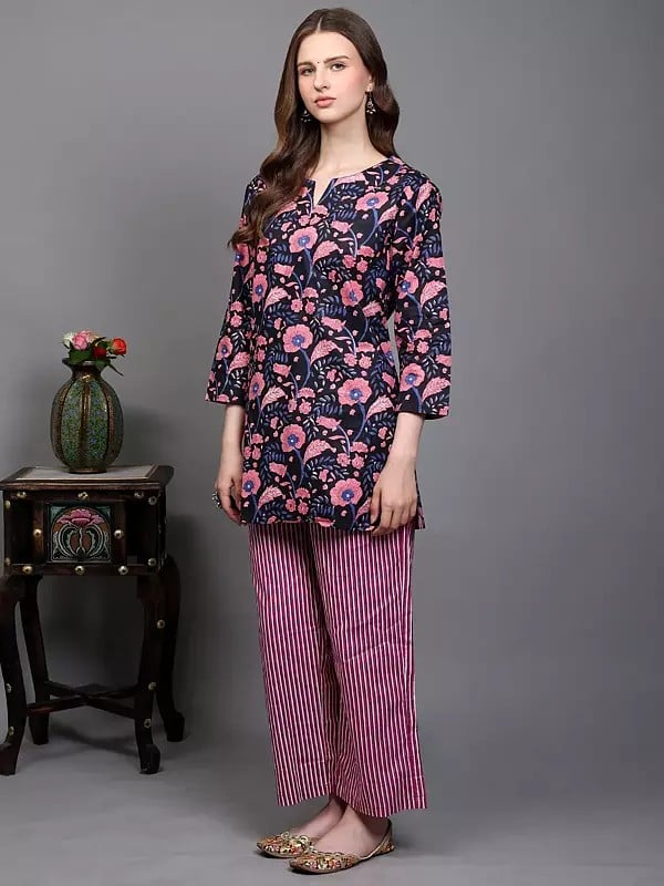 Exotic India Pure Cotton Floral Printed Co-Ord Set For Evening Wear