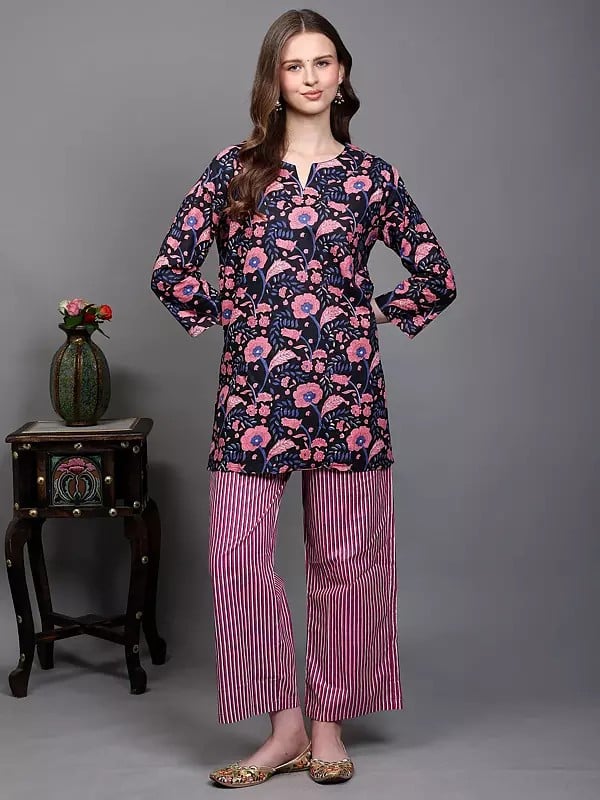 Exotic India Pure Cotton Floral Printed Co-Ord Set For Evening Wear