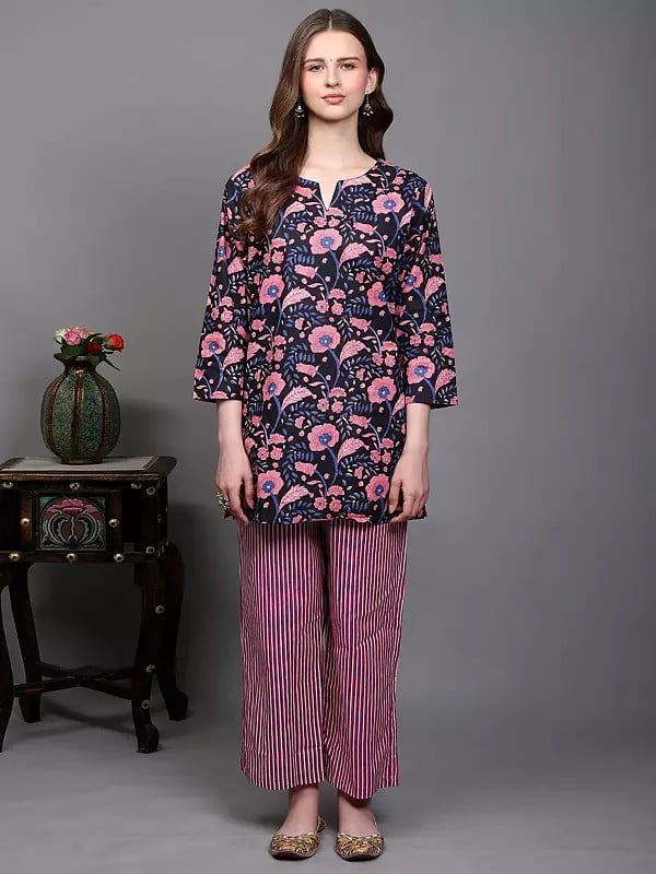 exotic india Pure Cotton Floral Printed Co-Ord Set for Evening Wear