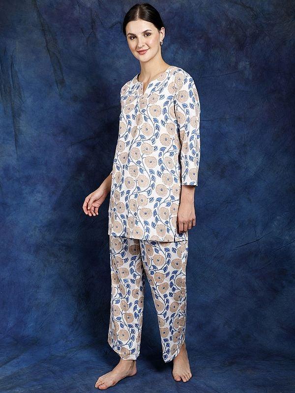 Exotic India Pure Cotton Floral Vines Printed Co-Ord Set For Comfort Wear 