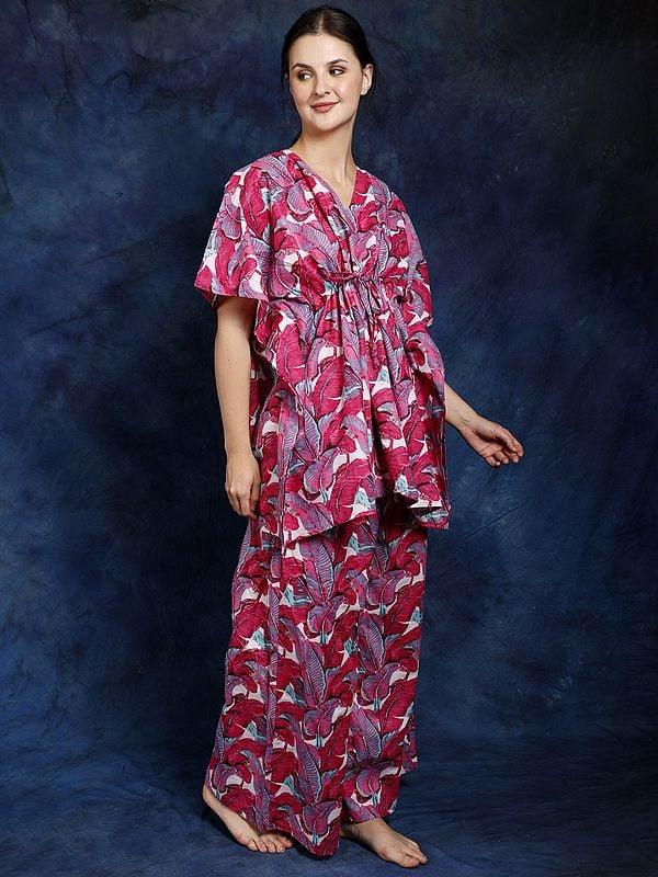 Exotic India Pure Cotton Kaftan Style Co-Ord Set With All-Over Leaf Print 