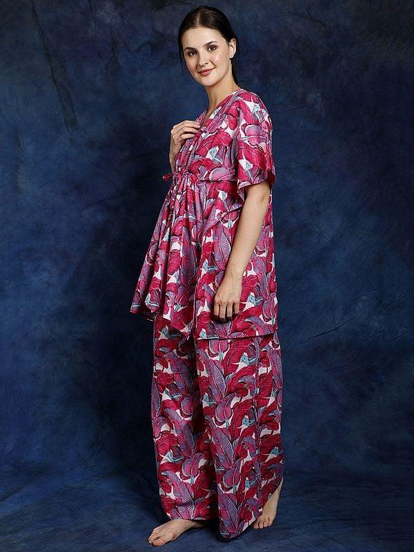 Exotic India Pure Cotton Kaftan Style Co-Ord Set With All-Over Leaf Print 