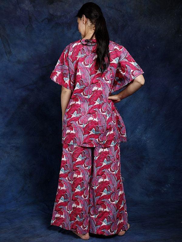 Exotic India Pure Cotton Kaftan Style Co-Ord Set With All-Over Leaf Print 