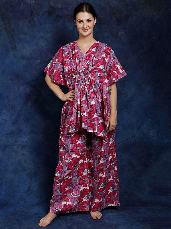 exotic india Pure Cotton Kaftan Style Co-Ord Set with All-Over Leaf Print 