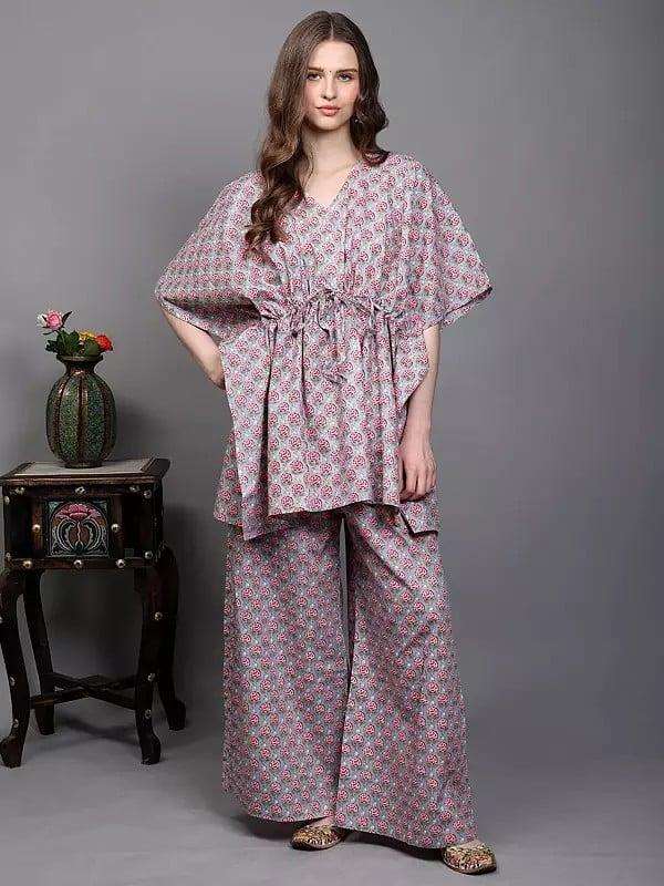 Exotic India Pure Cotton Kaftan Style Co-Ord Set With Printed Floral Bootis 