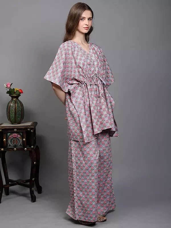 Exotic India Pure Cotton Kaftan Style Co-Ord Set With Printed Floral Bootis 