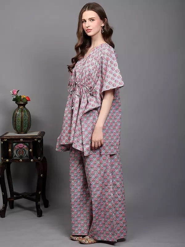 Exotic India Pure Cotton Kaftan Style Co-Ord Set With Printed Floral Bootis 